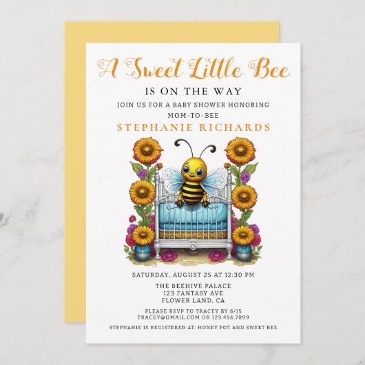 イエローフラワースイートリトルビークリブベビーシャワー 招待状 (正面/裏面)