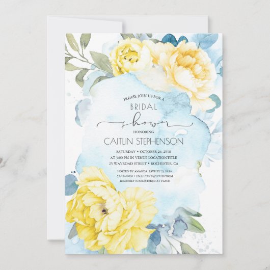 イエローフラワーズダスティブルーグリーンブライダルシャワー 招待状 (正面)