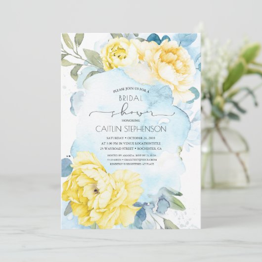 イエローフラワーズダスティブルーグリーンブライダルシャワー 招待状 (スタンド正面)