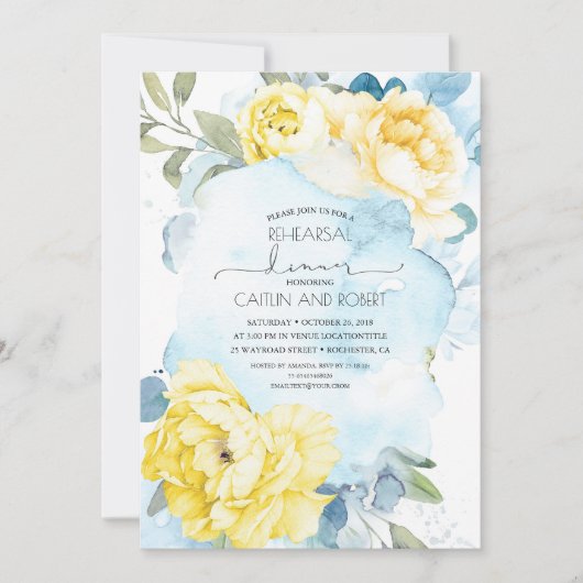 イエローフラワーズダスティブルーリハエレガントーサルディナー 招待状 (正面)