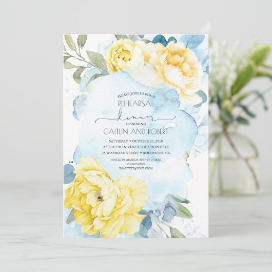 イエローフラワーズダスティブルーリハエレガントーサルディナー 招待状 (スタンド正面)