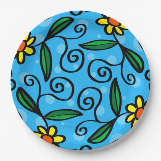 イエローフラワードードルアートデザイン紙プレート ペーパープレート (正面)
