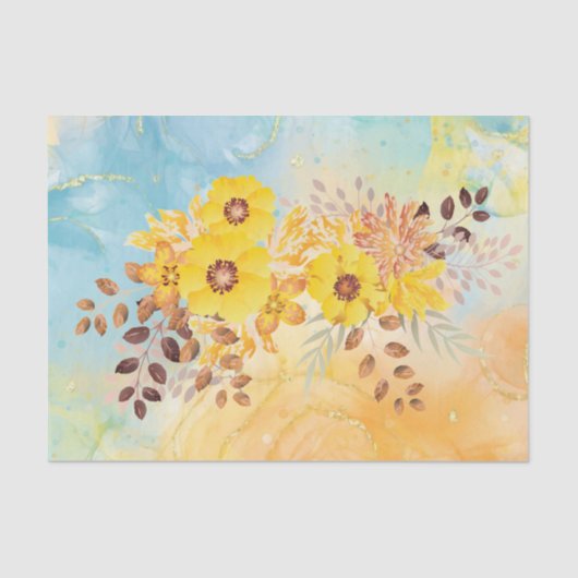 イエローフラワーブルーマーブルウォーターカラーデコップティ 薄葉紙 (正面)