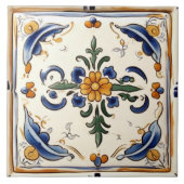 イエローフラワーブルー地中海のクリームフローラ タイル (正面)