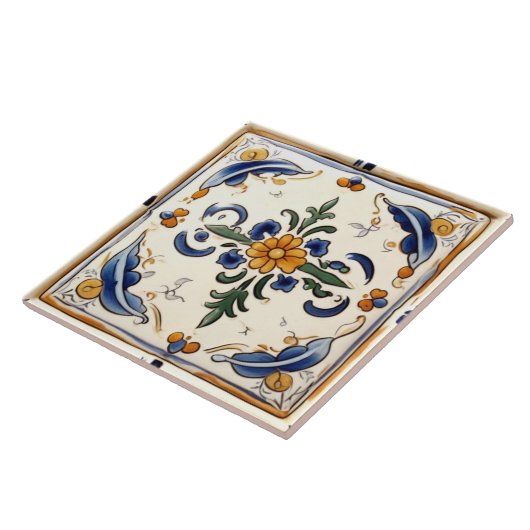 イエローフラワーブルー地中海のクリームフローラ タイル (側面)