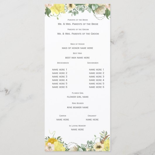 イエローフローラウォーターカラーブーケ結婚式 プログラム (裏面)