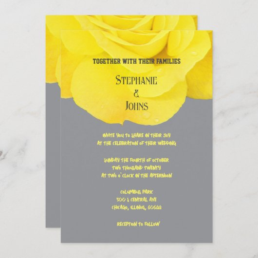 イエローフローラエレガントバラグレイ2025結婚s 招待状 (正面/裏面)