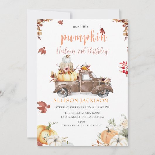 イエローフローラカボチャ収穫トラックウェルカムサイン 招待状 (正面)