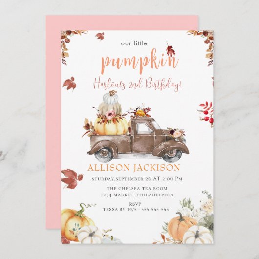 イエローフローラカボチャ収穫トラックウェルカムサイン 招待状 (正面/裏面)