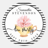 イエローフローラティーパーティーティーカップストライプベビーシャワー ラウンドシール (正面)