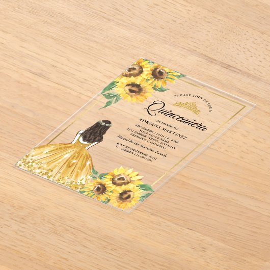 イエローフローラドレスヒマワリ金ゴールドキンセアニェラ アクリル招待状 (レイダウン)