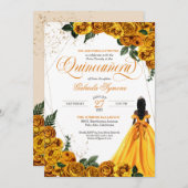 イエローフローラバラ&金ゴールドエレガントキンセアニェラインビ 招待状 (正面/裏面)