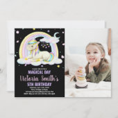 イエローフローラブラックフォトユニコーン誕生日 招待状 (正面)