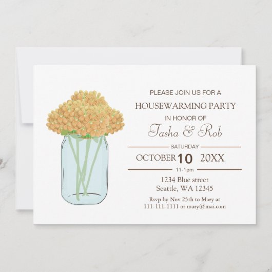 イエローフローラメイスンジャー引っ越し祝いパーティー招待状 招待状 (正面)