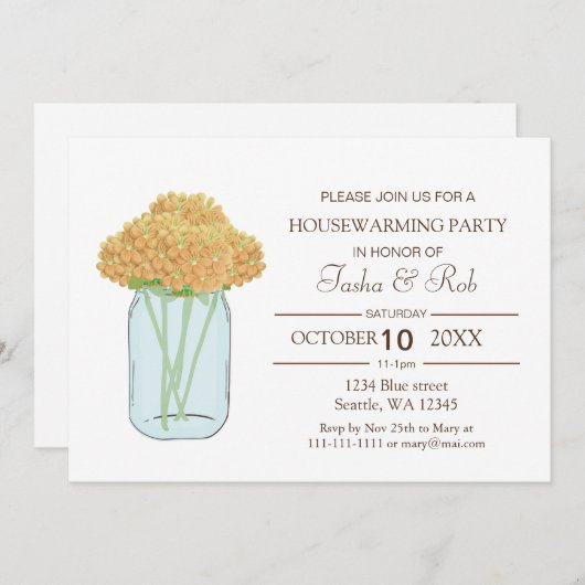 イエローフローラメイスンジャー引っ越し祝いパーティー招待状 招待状 (正面/裏面)