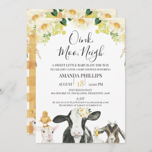 イエローフローラモーオインニグファームベビーシャワー 招待状 (正面/裏面)
