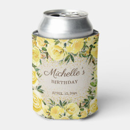 イエローフローラルバラゴールドラメ誕生日名前 缶クーラー