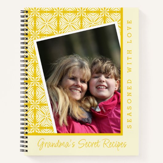 イエローフローラルパターカスタムン写真おばあちゃんレシピ ノートブック (正面)