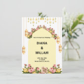 イエローフローラルパターンの結婚式招待状 エンクロージャーカード (スタンド正面)