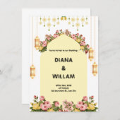 イエローフローラルパターンの結婚式招待状 エンクロージャーカード (正面/裏面)