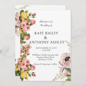 イエローフローラルパターン結婚式招待状カード 招待状 (正面/裏面)