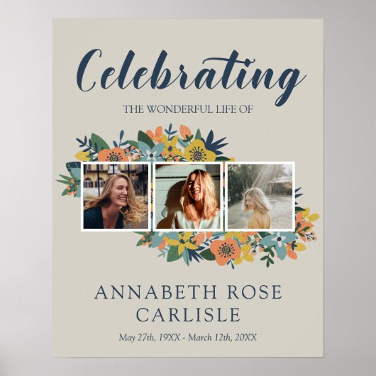 イエローフローラルフォトコラージュ葬儀歓迎 ポスター (正面)