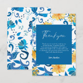 イエローフローラル イタリアン ブルー ブライダルシャワー サンキューカード (正面/裏面)