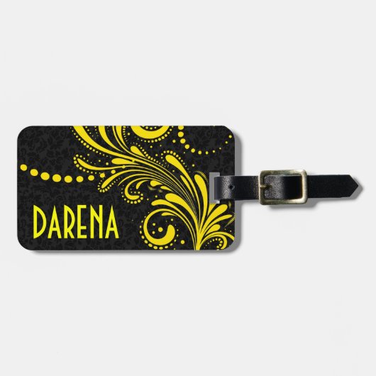 イエローフローラレースブラックダマスク ラゲッジタグ (正面横)