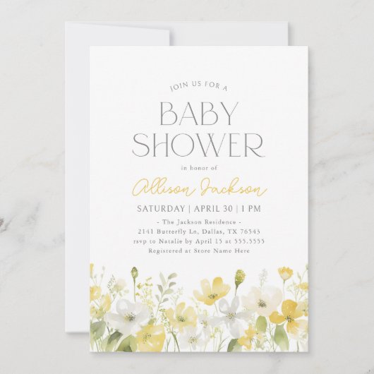 イエローフローラワイルドフラワーベビーシャワー招待状 招待状 (正面)