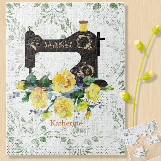 イエローフローラヴィンテージ裁縫パーソナライズされた機 ジグソーパズル