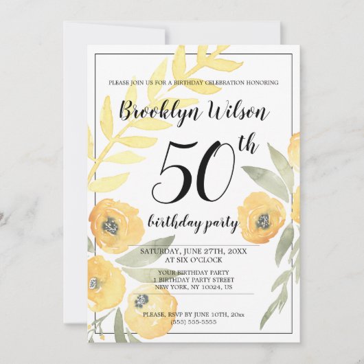イエローフローラ誕生日パーティー招待状 招待状 (正面)