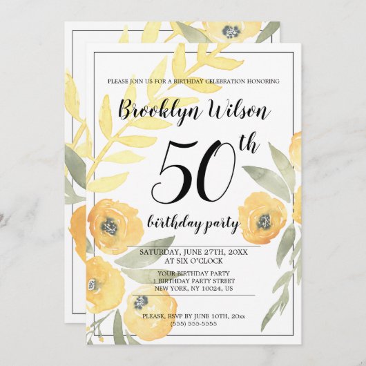 イエローフローラ誕生日パーティー招待状 招待状 (正面/裏面)