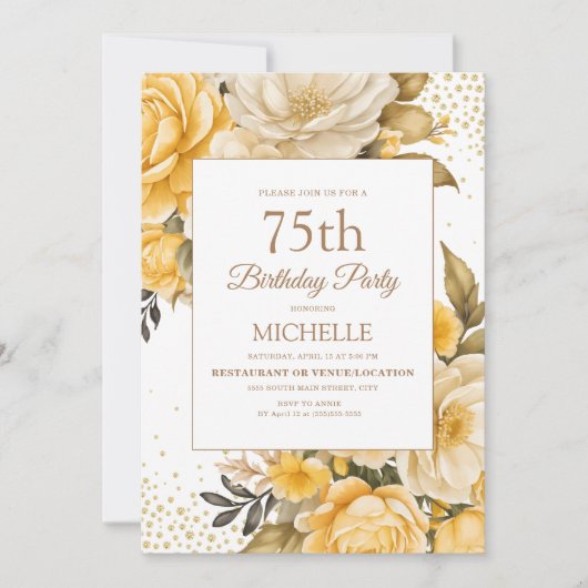 イエローフローラ金ゴールドグリッター75番目誕生日 招待状 (正面)