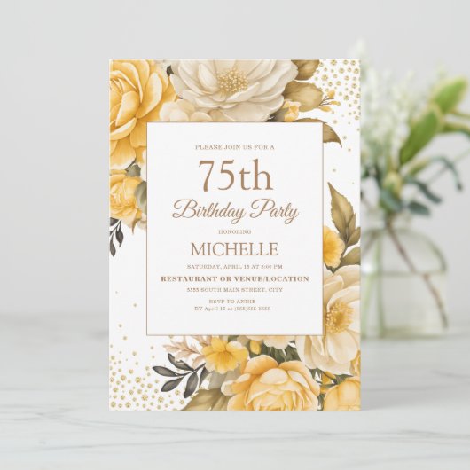 イエローフローラ金ゴールドグリッター75番目誕生日 招待状 (スタンド正面)
