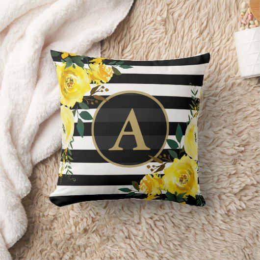 イエローフローラ金ゴールドモノグラム白黒ストライプ クッション (ブランケット)