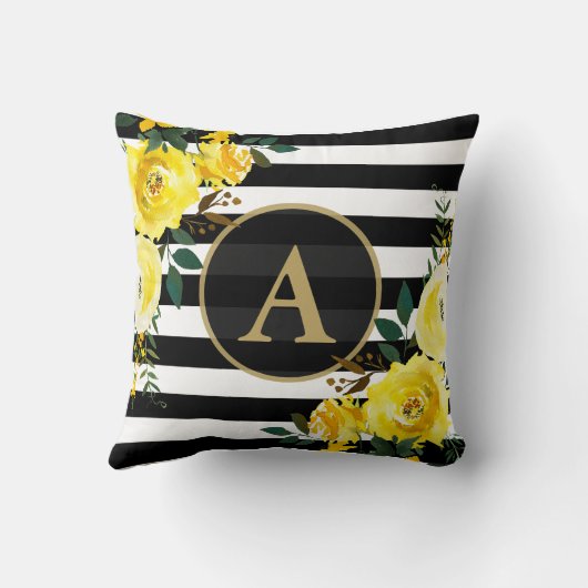 イエローフローラ金ゴールドモノグラム白黒ストライプ クッション (裏面)