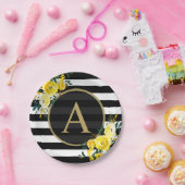 イエローフローラ金ゴールドモノグラム白黒 ストライプの ペーパープレート (パーティー)