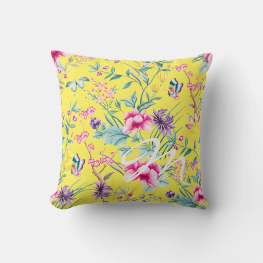 イエローフローラ&バタフライモノグラム装飾用クッション クッション (正面)