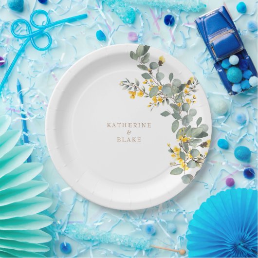イエローフローラ&ユーカリ結婚ナーズ ペーパープレート (パーティー)