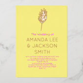 イエローブライトピンクスプリグ結婚リーフバラ 箔招待状 (正面)