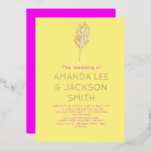 イエローブライトピンクスプリグ結婚リーフバラ 箔招待状 (正面/裏面)