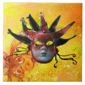 イエローブラウンの仮装の黒い赤ジェスターマスク タイル (正面)