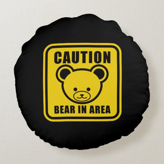 イエローブラックおもしろいテディベア警告標識アート ラウンドクッション (裏面)