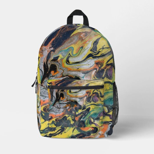 イエローブラックオレンジライムシルバー抽象芸術バックパック プリントバックパック (正面)