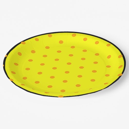 イエローブラックオレンジ水玉模様 ペーパープレート (アングル)