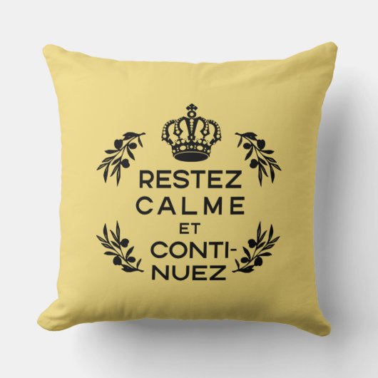 イエローブラッククレストフランスのKeep Calm and Carry On クッション (正面)