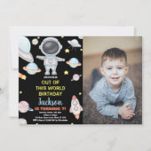 イエローブラックフォトアウタースペース誕生日招待状 招待状 (正面)