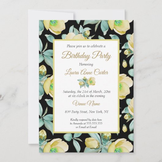 イエローブラックフローラ水彩誕生日パーティー 招待状 (正面)