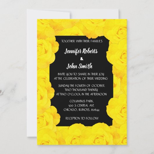 イエローブラックフローラQRコードバラ花結婚の数 招待状 (正面)