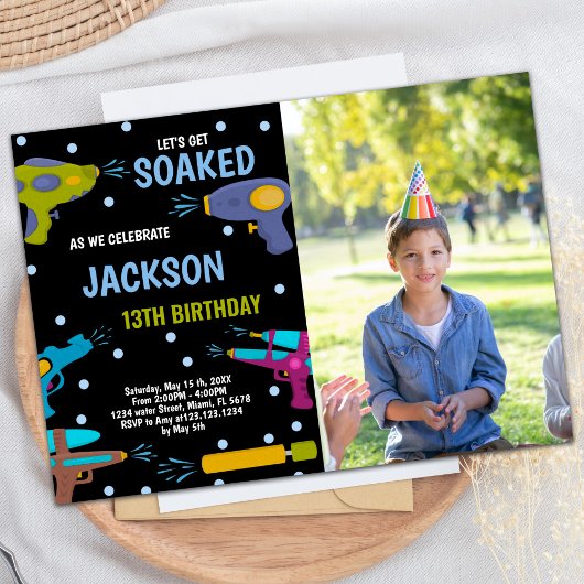 イエローブラックブルーフォトウォーターガン招待状 招待状
